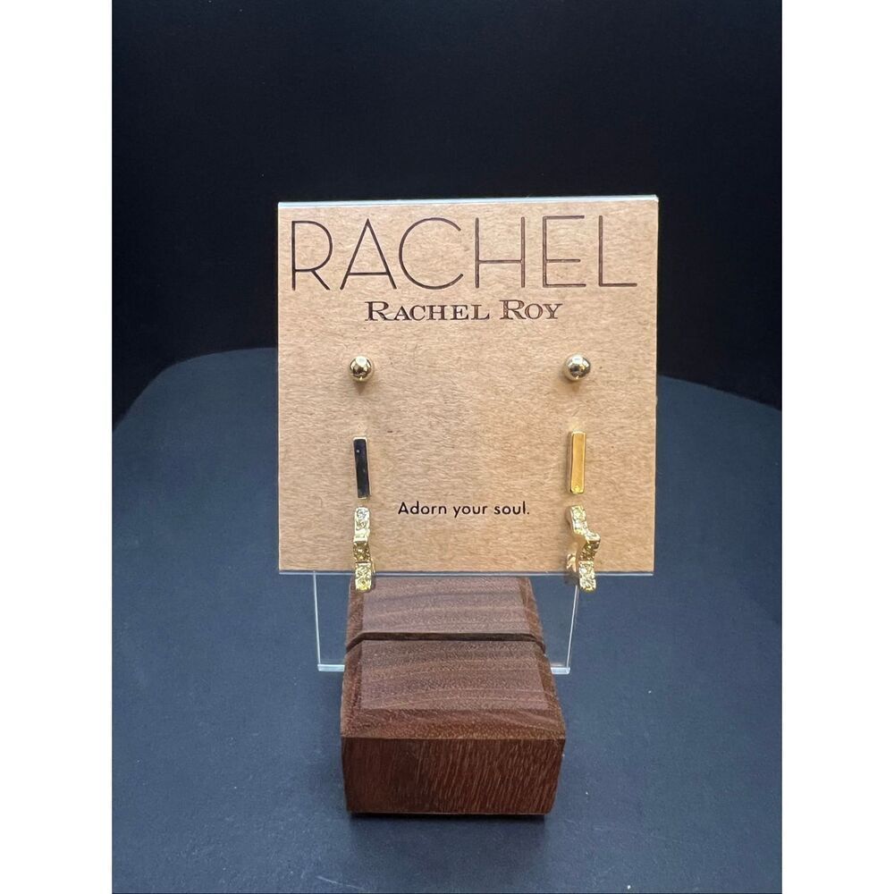 New RACHEL Rachel Roy Gold Tone Stud Bar Star Rhinestone 3 Piece Earring Set